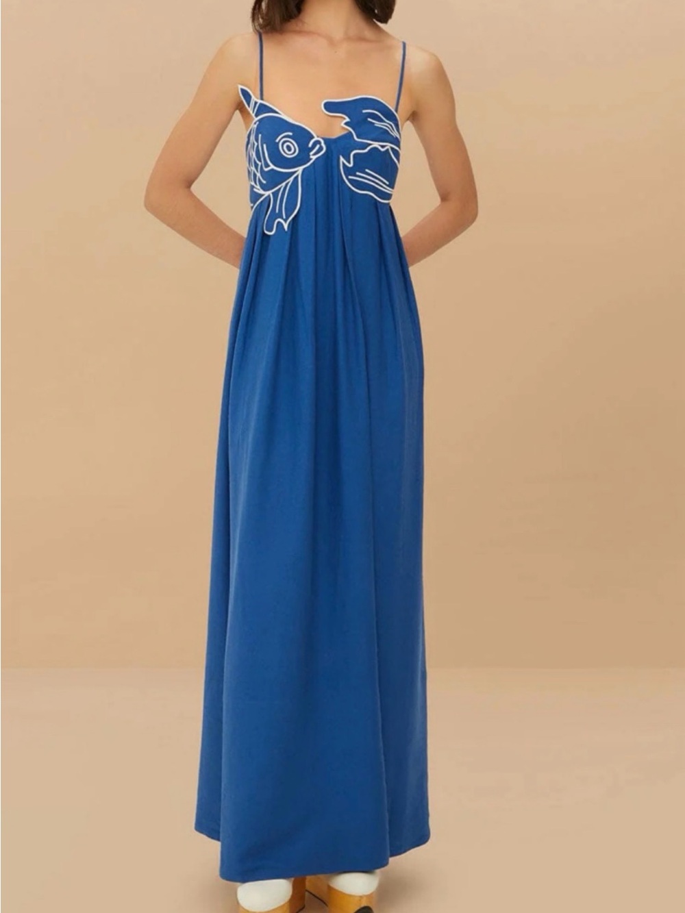 Farm rio Blue Maxi Dress with Whimsical Fish Embroidery